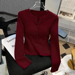Kaus ramping lengan panjang kerah setengah terbuka merah retro Amerika