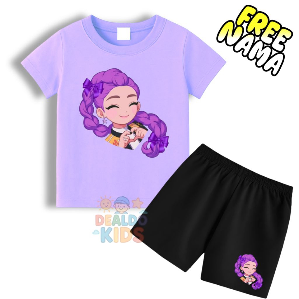 Rumi KPop Demon Hunters ชุดเสื้อยืดเด็กและกางเกงพร้อมชื่อฟรี - ชุดเสื้อยืดเด็กพร้อมชื่อฟรี