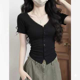 Atasan mode ramping dengan hiasan renda dan kerah V Atasan Wanita Knit / Atasan wanita Korean Stylish / Baju Wanita Kekinian / kaos Wanita Viral / Atasan Wanita Fyp