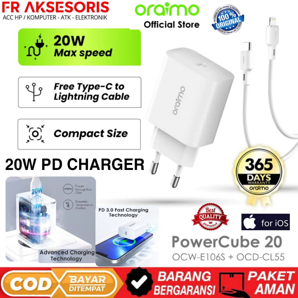 เครื่องชาร์จประเภท C ถึง Lightning 20w PD Oraimo OCW-E106S + CL55 ORAIMO OCW-E106S Charger TYPE C TO