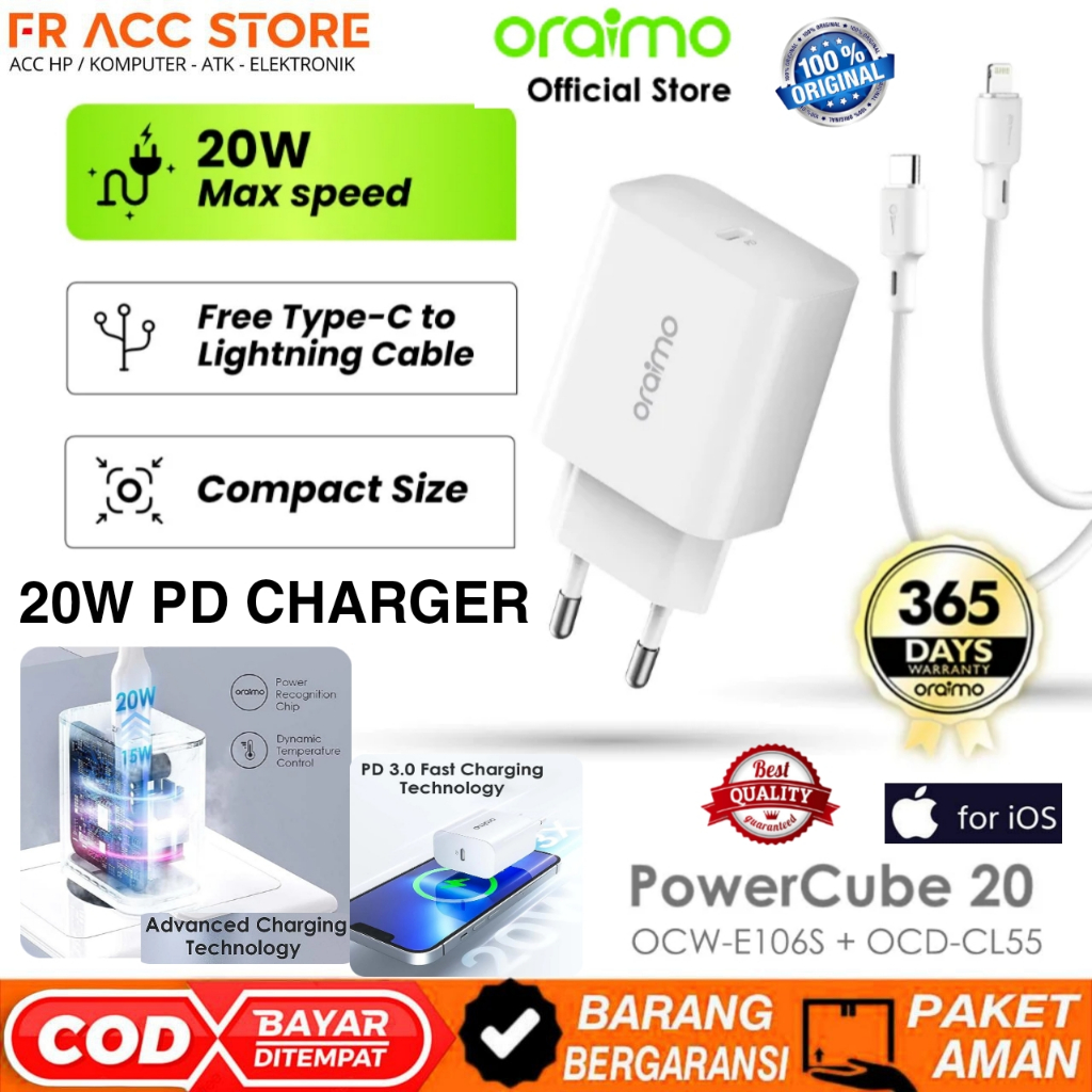 เครื่องชาร์จประเภท C ถึง Lightning 20w PD Oraimo OCW-E106S + CL55 ORAIMO OCW-E106S Charger TYPE C TO