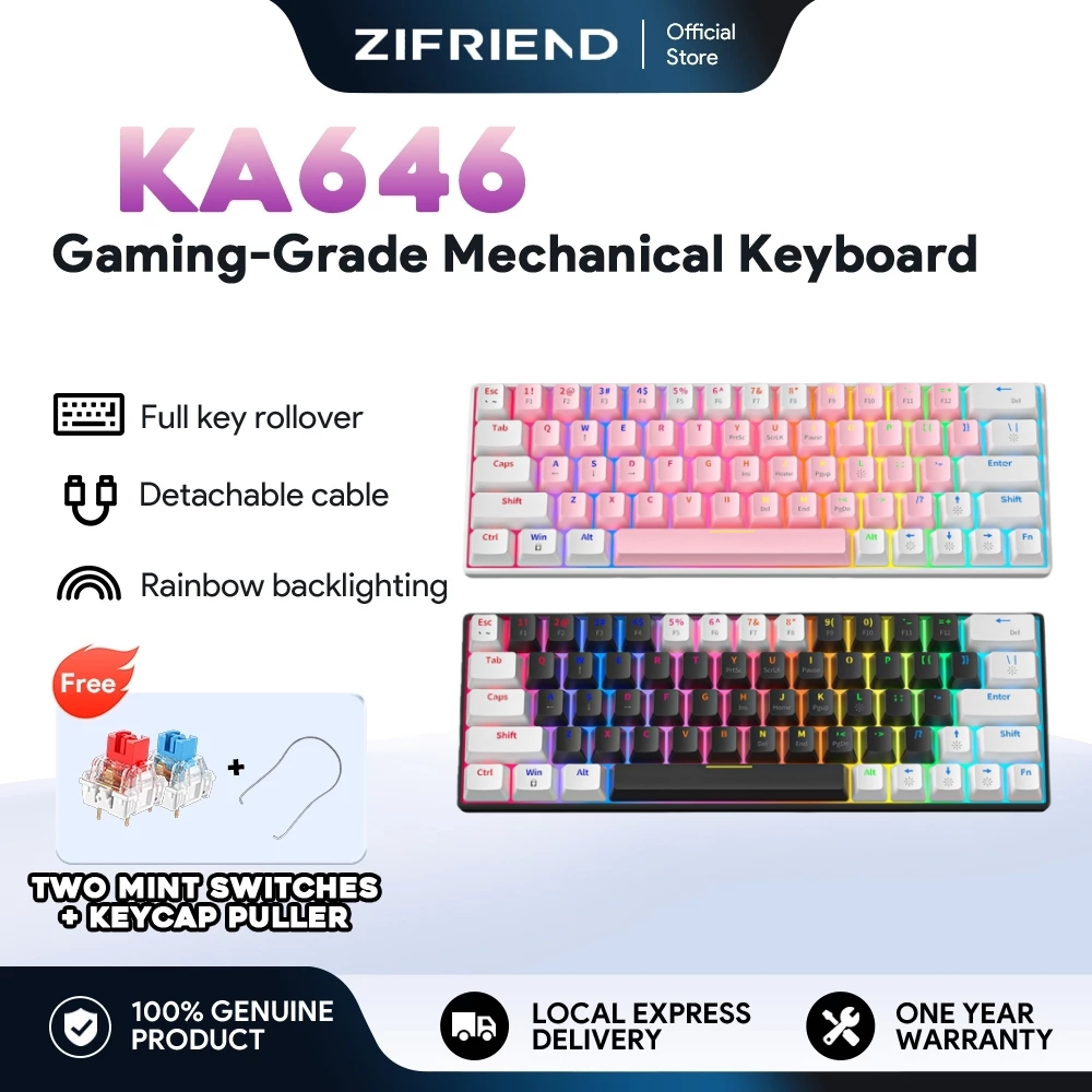 ZINFRIEND KA646 Mechanical Keyboard RGB 60% PC Gaming Keyboard ใช้งานร่วมกับทั้งแล็ปท็อปและเดสก์ท็อป