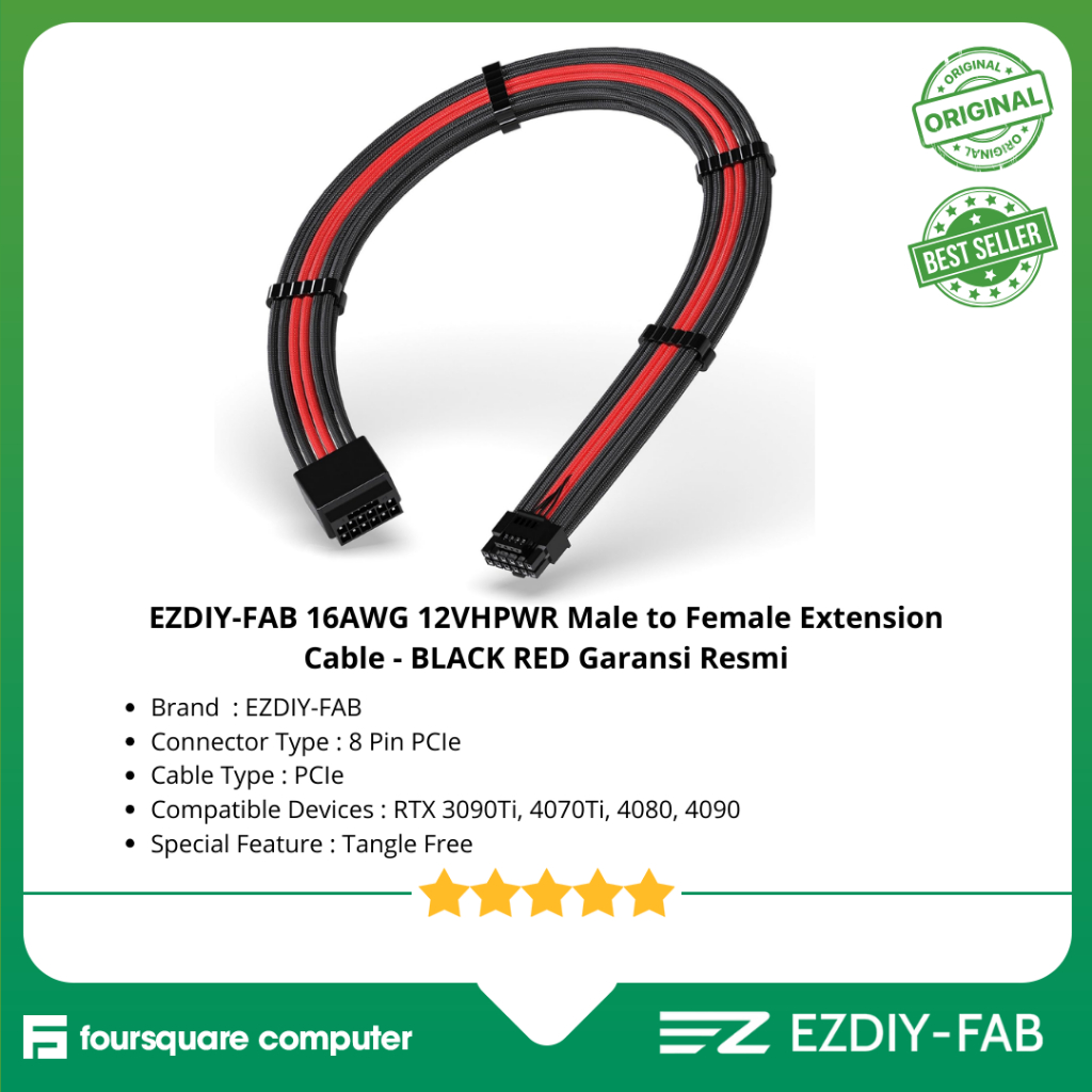 EZDIY-FAB 16AWG 12VHPWR สายต่อชายกับหญิง - สีดําแดงการรับประกันอย่างเป็นทางการ