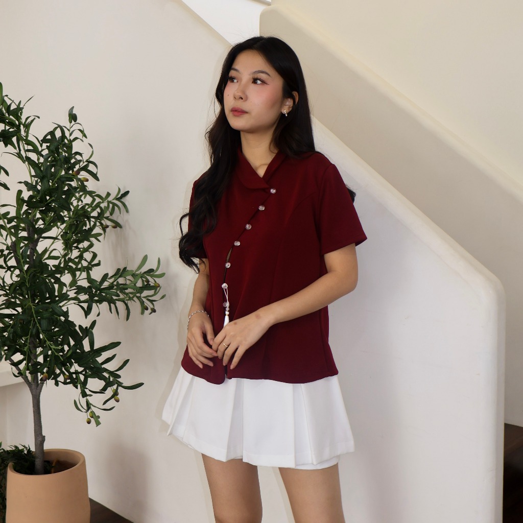 Yuan Shanghai Qipao Top / เสื้อเชิ้ตตรุษจีนแขนสั้นผู้หญิง / Cheongsam Top CNY ชุด - เอเลนอร์