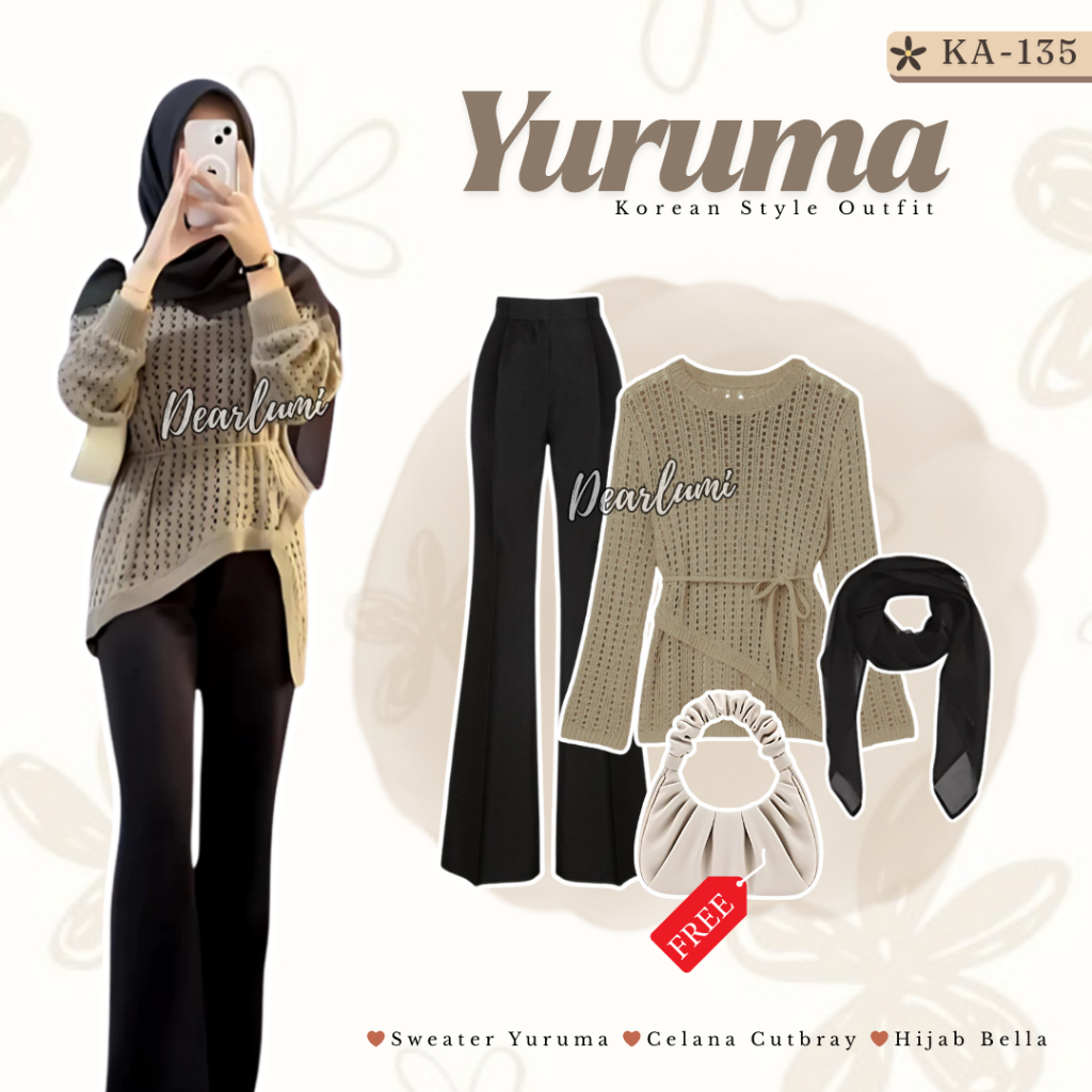 Yuruma ชุดยอดนิยมสําหรับผู้หญิง (เสื้อสเวตเตอร์ Yuruma + กางเกง Cutbray + Bella Square Hijab) 4in1 S