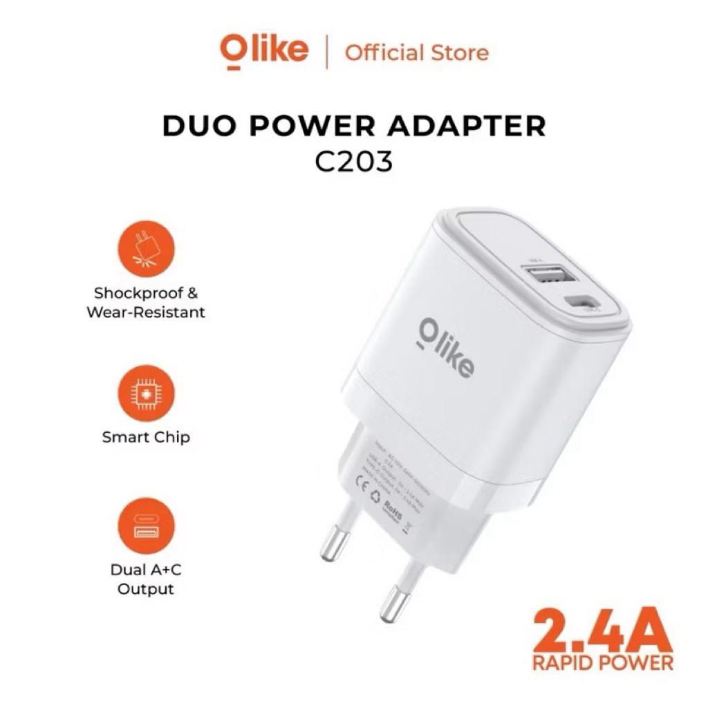 OLIKE C203 BATOK CHARGER ADAPTER DUAL OUTPUT TYPE C และ USB FAST CHARGING