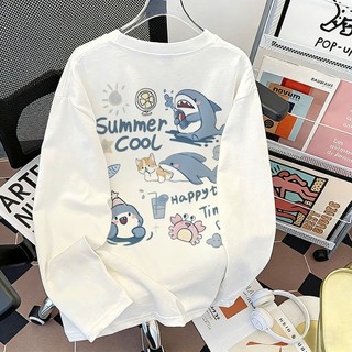 [COD] ANNI Kaos Lengan Panjang Oversize Pria Dan Wanita Putih Basic Hiu yang imut print 2.06