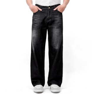Celana Jeans Hitam Denim Whisker High Waist Loose Fit Wide Leg Baggy Pants Non Stretch Size Unisex