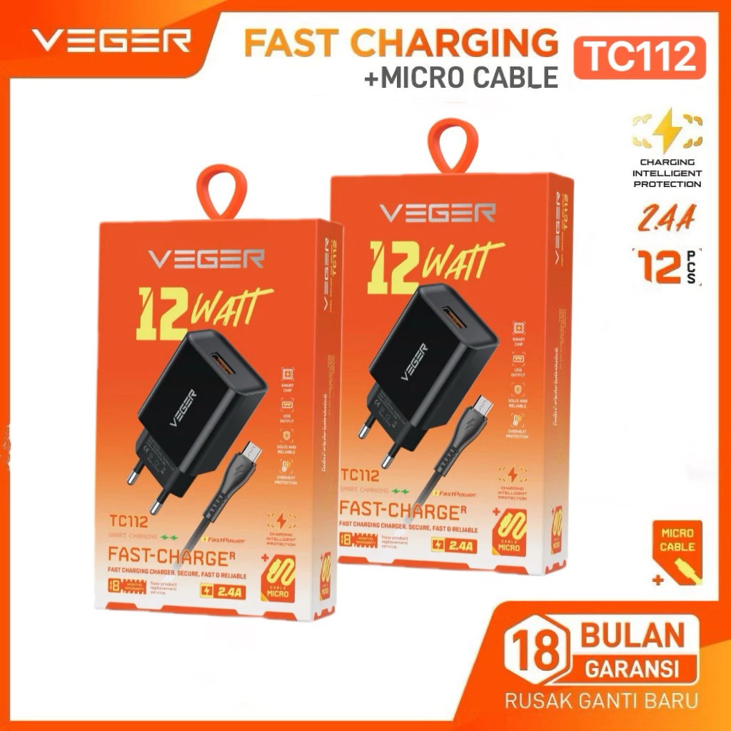 VEGER TC112 MICRO, TYPE C / แท่นชาร์จ VEGER TC112 MICRO, TYPE C 12W 2.4A พร้อมสาย MICRO USB หรือ TYP