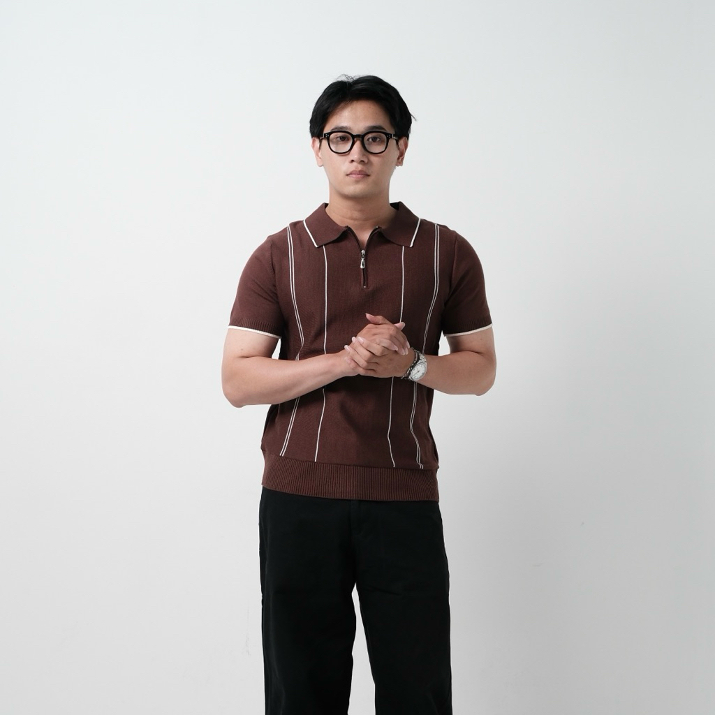 IVING Kayden เสื้อโปโลลายทางซิป - เสื้อโปโลถัก / เสื้อโปโลผู้ชายวัสดุถัก