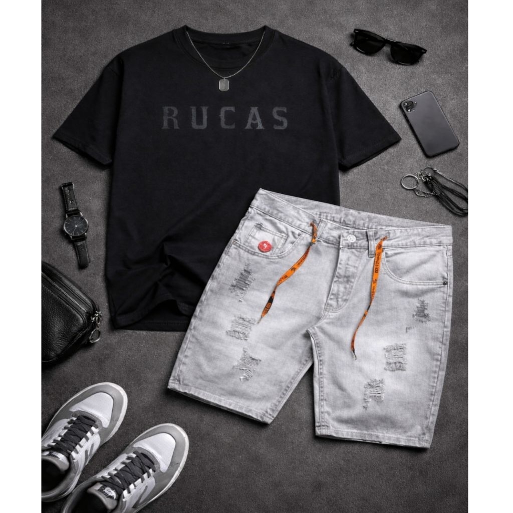 Rucas T-shirt Unisex Rucas T-shirt and Ripped Short Jeans Set