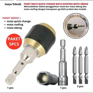 Paket Hemat Set 5pcs Keyless Adaptor Mata Bor Quick Change, 3pcs Mata Obeng Magnet, Mata Kunci Roofing 8mm