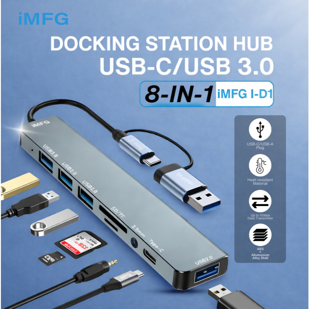 IMFG i-D1 8 in 1 USB-C Hub Docking Station, Plug & Play, เครื่องอ่านการ์ด TF/SD, USB 3.0, เสียง 3.5 