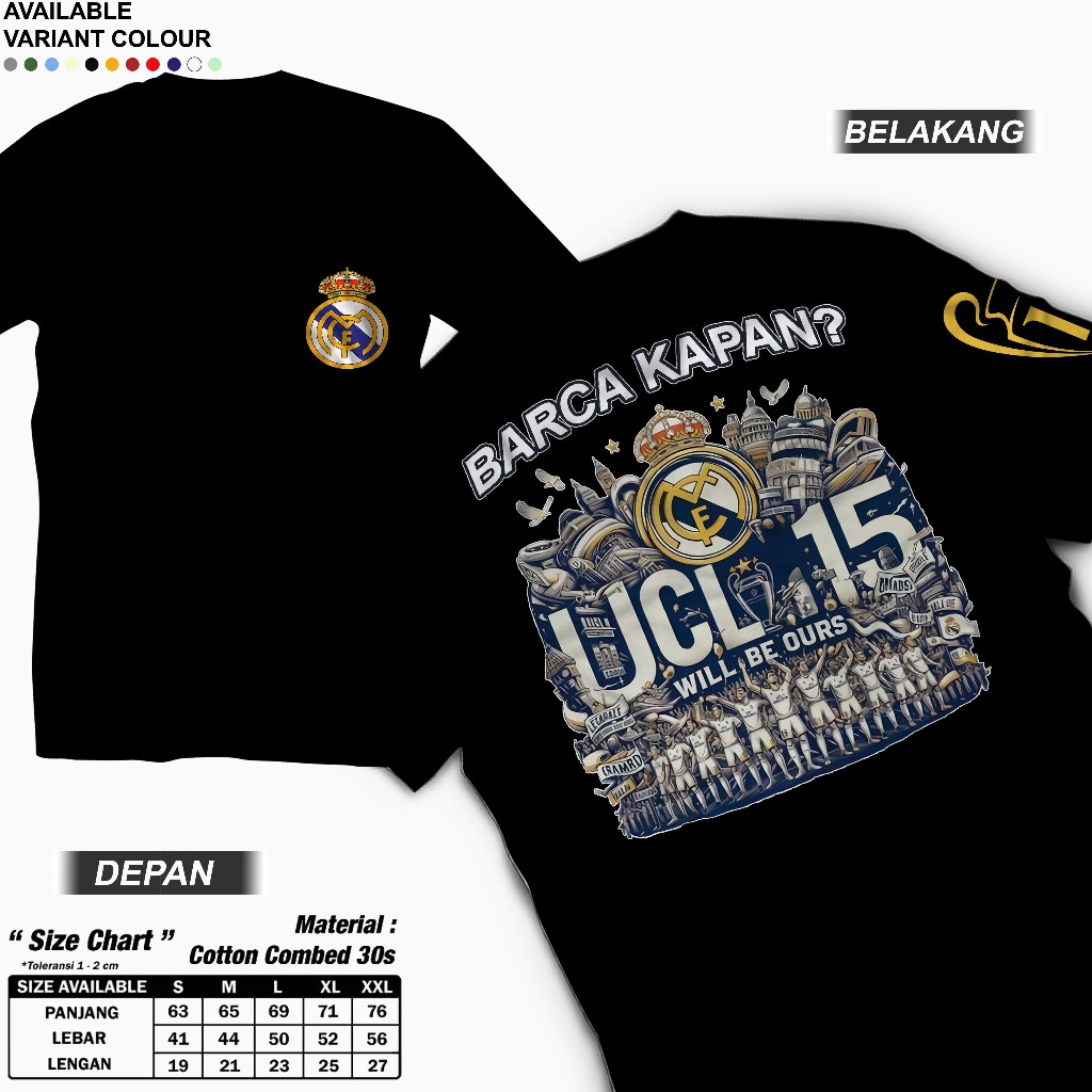 BARCA KAPAN DISTRO เสื้อยืด REAL MADRID 15 UCL เสื้อยืดพร้อมคําฟุตบอลสําหรับผู้ชายและผู้หญิง