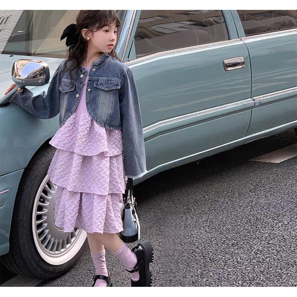 DJ057 Ruffle Dress One Set แจ็คเก็ตยีนส์ 8-10T