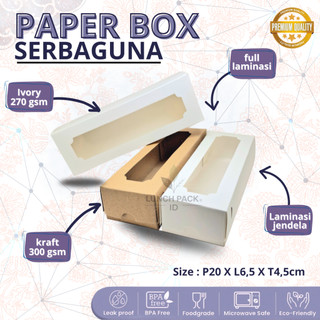 box uk L6,5 x P20 x T4,5 box serbaguna Laminasi JENDELA / box brownise, donut mini bahan Kraft dan Ivory