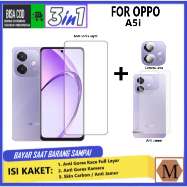 LAYAR 3in1 กระจกนิรภัยแพคเกจ Oppo A5i คลุมทั้งหมด Anti-Scratch Glass เต็มหน้าจอป้องกันหน้าจอ Hp ป้อง