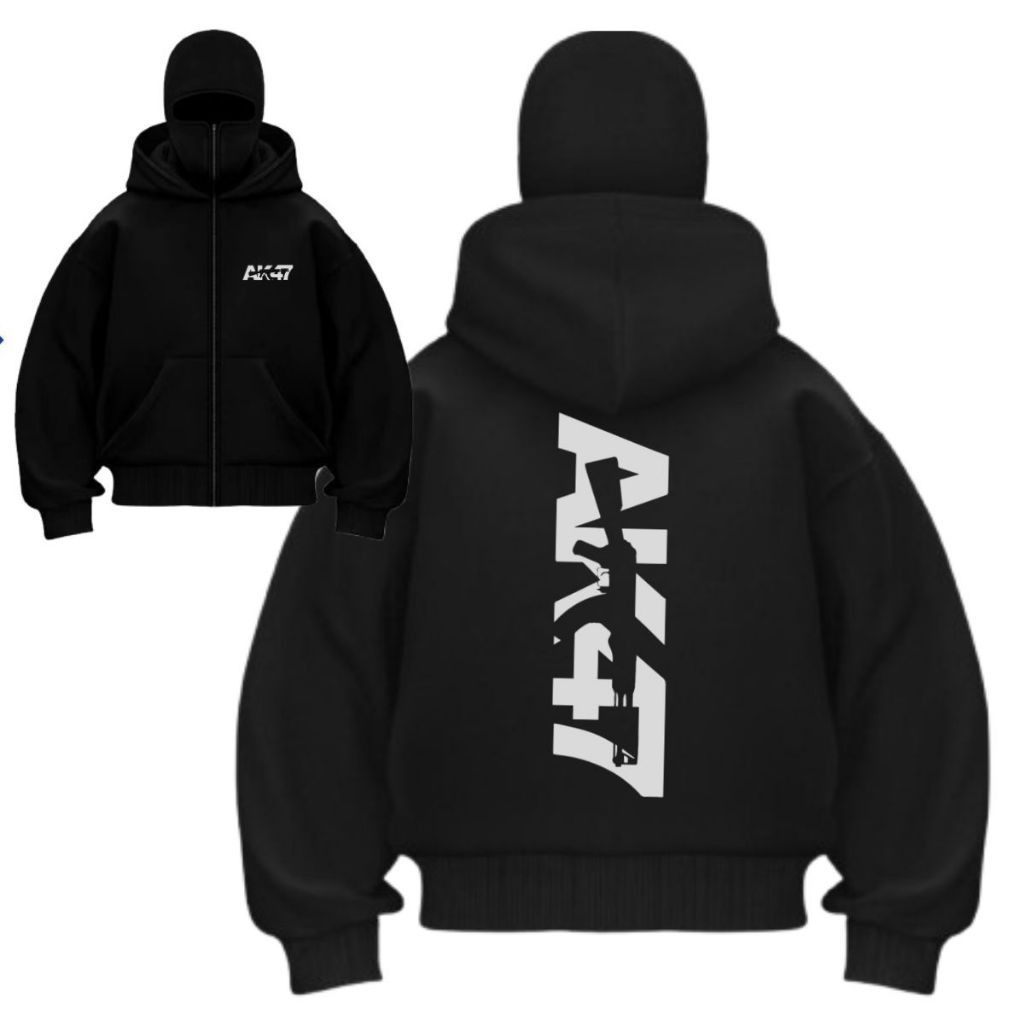 AK47 HOODIE BALACLAVA UNISEX METAL ZIPPER BLACK BOXY JACKET SIZE M-XXL NINJA JACKET