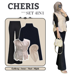 Cherish 4in1 Set Outfit Wanita (Celana Cutbray + Inner + Vest + Hijab) Korean Style Daily Casual - D045