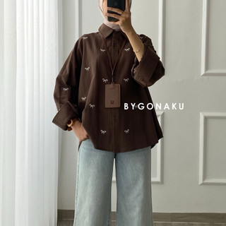 [GONAKU] Love Oversized Basic Shirt Embroidery | Kemeja Kerja Linen Basic Polos Lengan Panjang | Busui Friendly | Korean Style