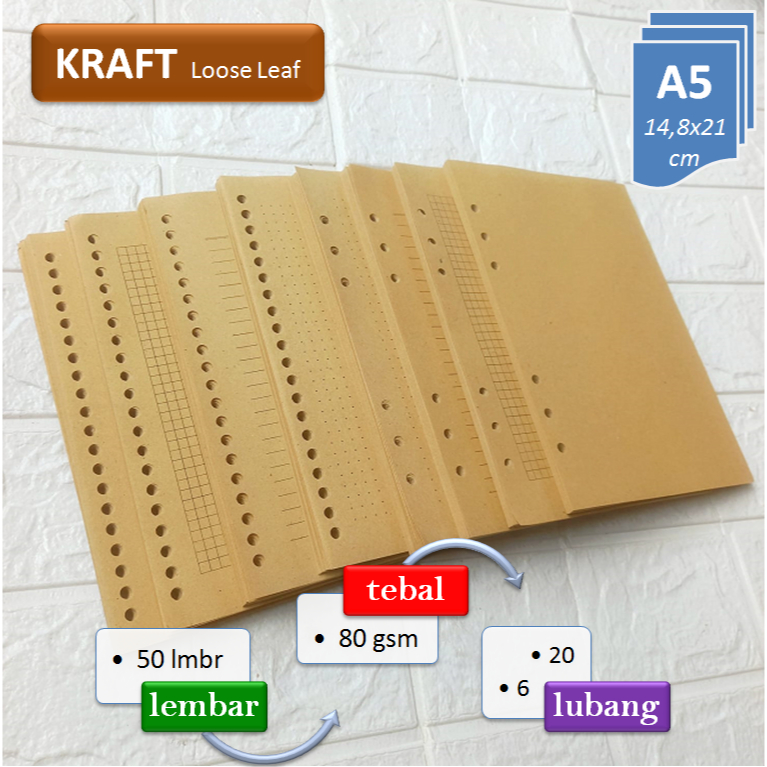 Loose Leaf Kraft Brown A5 Kraft Binder Paper 80 แกรม 50 แผ่น Aesthetic Note Paper