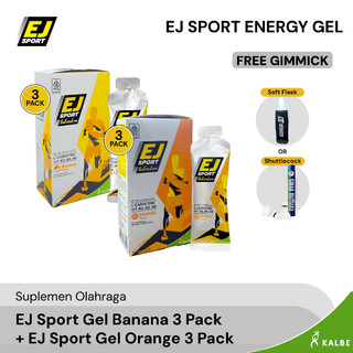 EJ Sport Banana 3 Pack + EJ Sport Orange 3 Pack | Suplemen Lari & Olahraga, Gel Energi dengan L-Carnitine, BCAA, Elektrolit, Boost Stamina & Endurance, Cepat Serap,Runner, Gym, Sepeda, Marathon,Padel