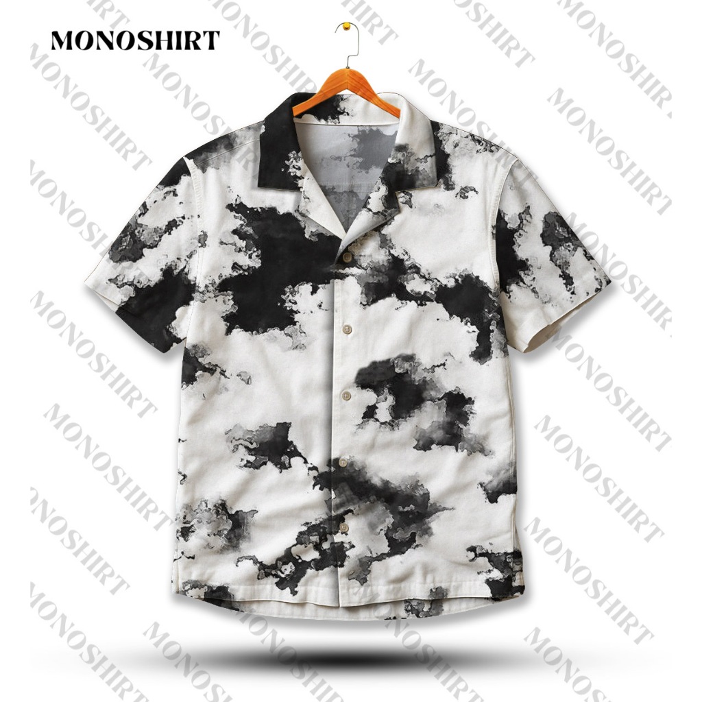 KEMEJA MONO เสื้อฮาวายผู้ชายสีดําและสีขาว Cloud Design Full Print Short Sleeve | MS-757