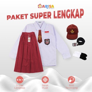 Arisa Setelan Seragam SD Perempuan Kelas 1-6 Baju Lengan Panjang Rok Panjang Pinggang Karet Atribut Bordir