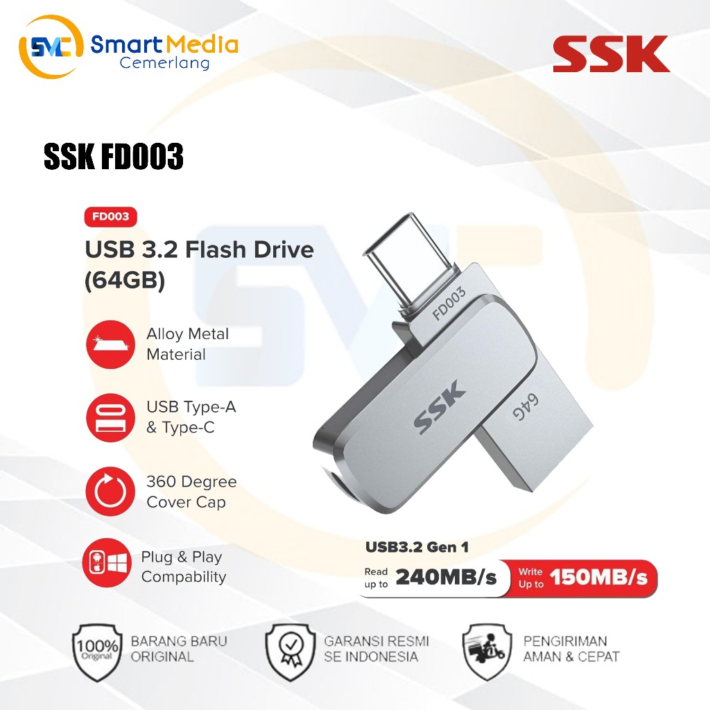 SSK FD003 Flashdisk OTG ไดรฟ์คู่ USB3.2 ความเร็วสูง 230Mb/s Type C หมุนได้