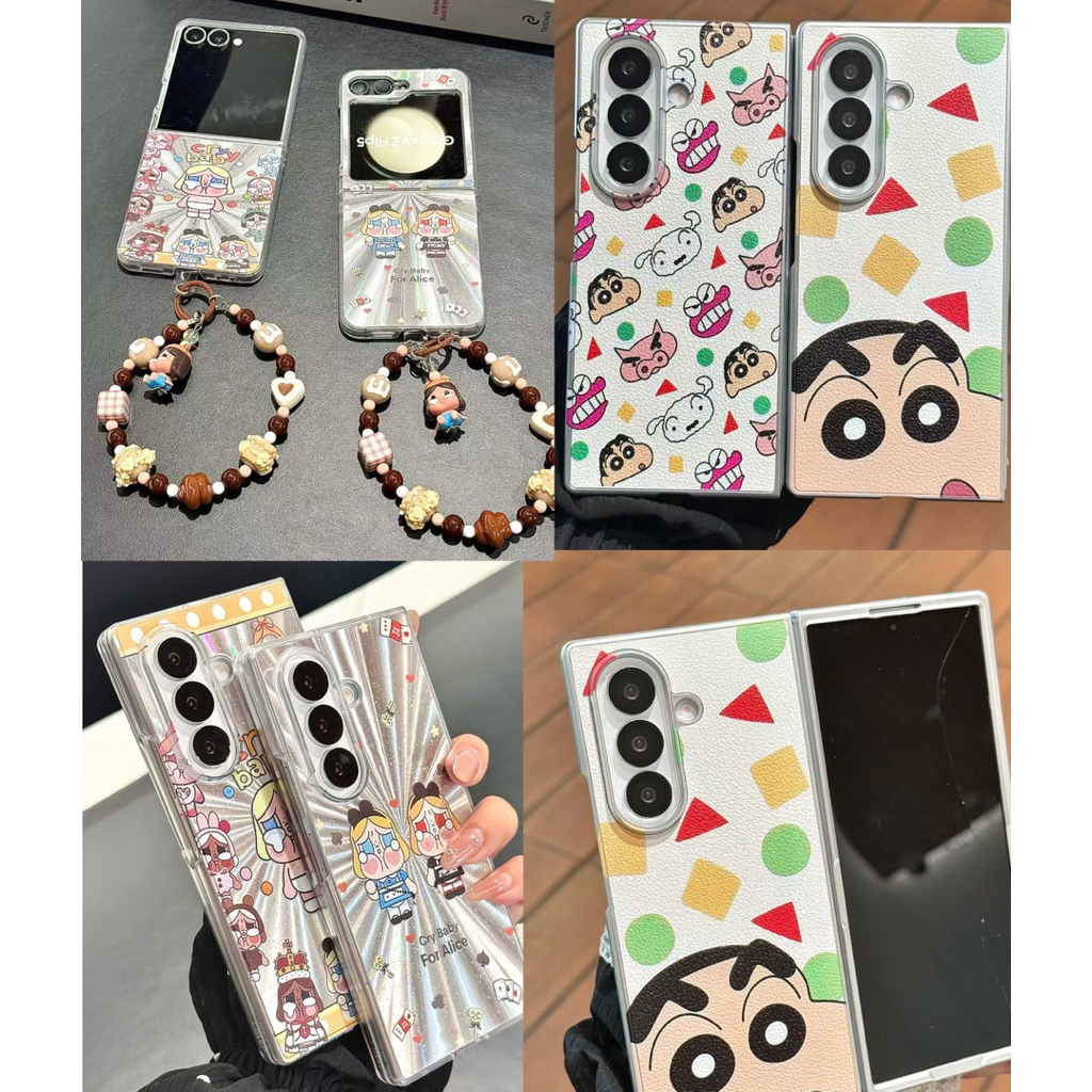 SAMSUNG กรณีใหม่Samsung Zfold7 Zflip7 Silver Metallic Crybaby Crayon Sinchanหนังพร้อมสายโซ่น่ารักHpป