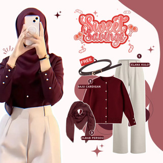 Monika - One Set 4in1 Hijab Style Kekinian Lebaran ( Hijab + Cardigan Maroon + Kulot ) OOTD Trend Bukber 49M FREE BELT