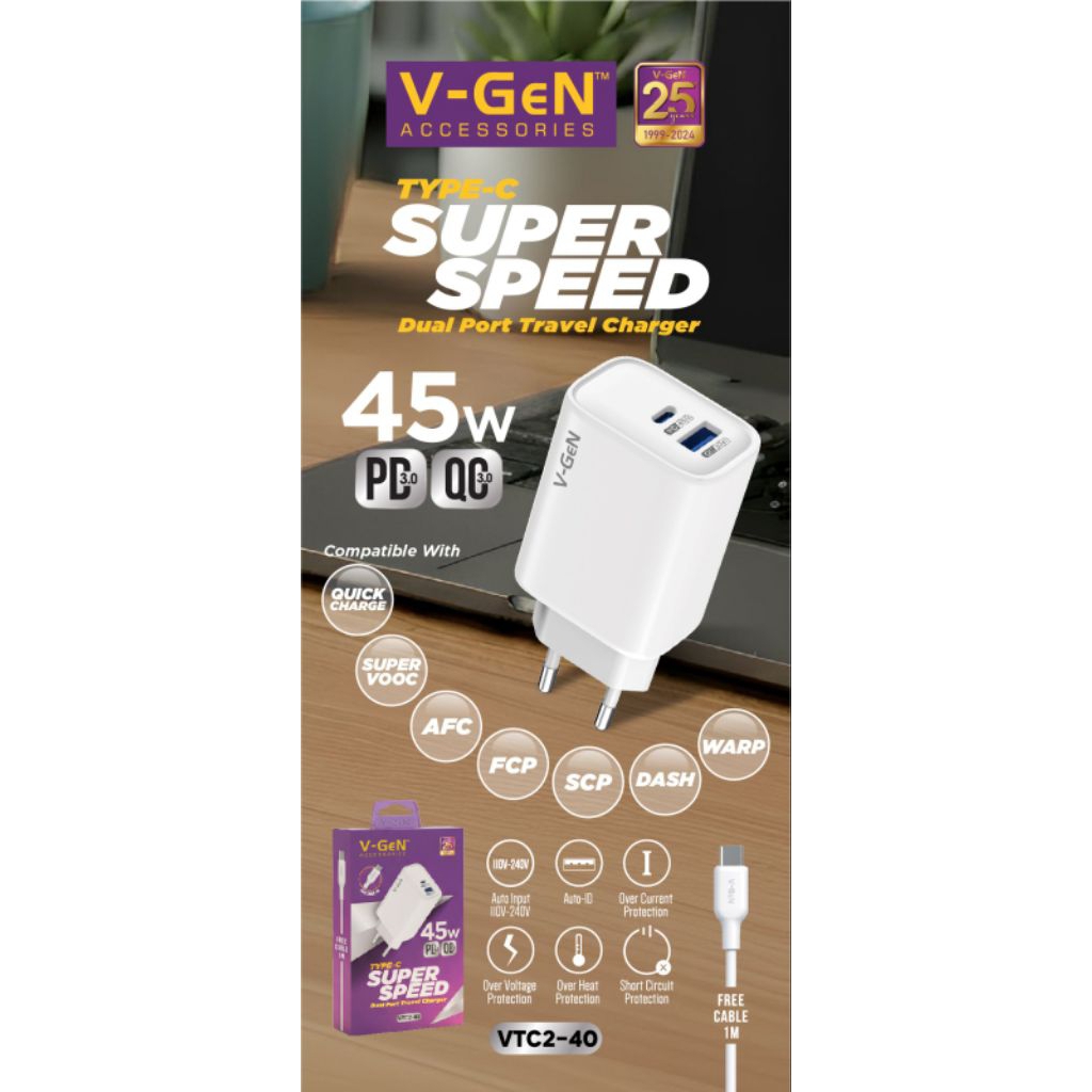 V-GeN VTC2-40 45W Dual Port USB-A & Type C Super VOOC Travel Charger Super Fast Charging QC3.0 ฟรี 1