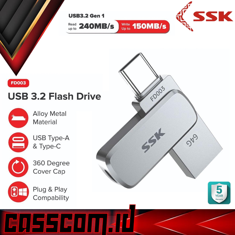 SSK FD003 Flashdisk OTG Dual Drive USB3.2 ความเร็วสูง 230Mb/s ประเภท C หมุนได้ 64GB 128GB