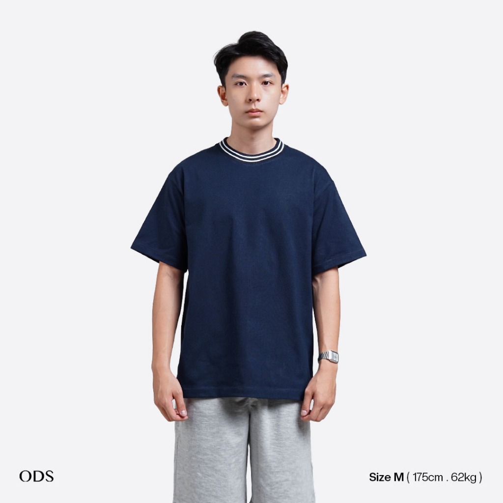 ODS เสื้อยืด Oversize Heavyweight Cotton 16s คอปกลายทาง - สีกรมท่า