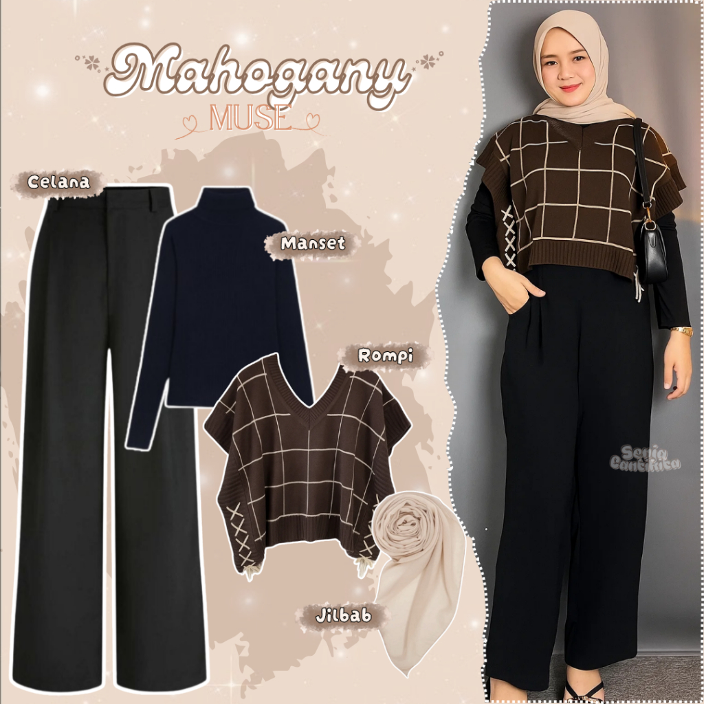 4in1 Mahogany Muse Set (เสื้อกั๊กถัก Jenna กางเกงถักข้อมือสีดําและฮิญาบบิสกิต) - SC072