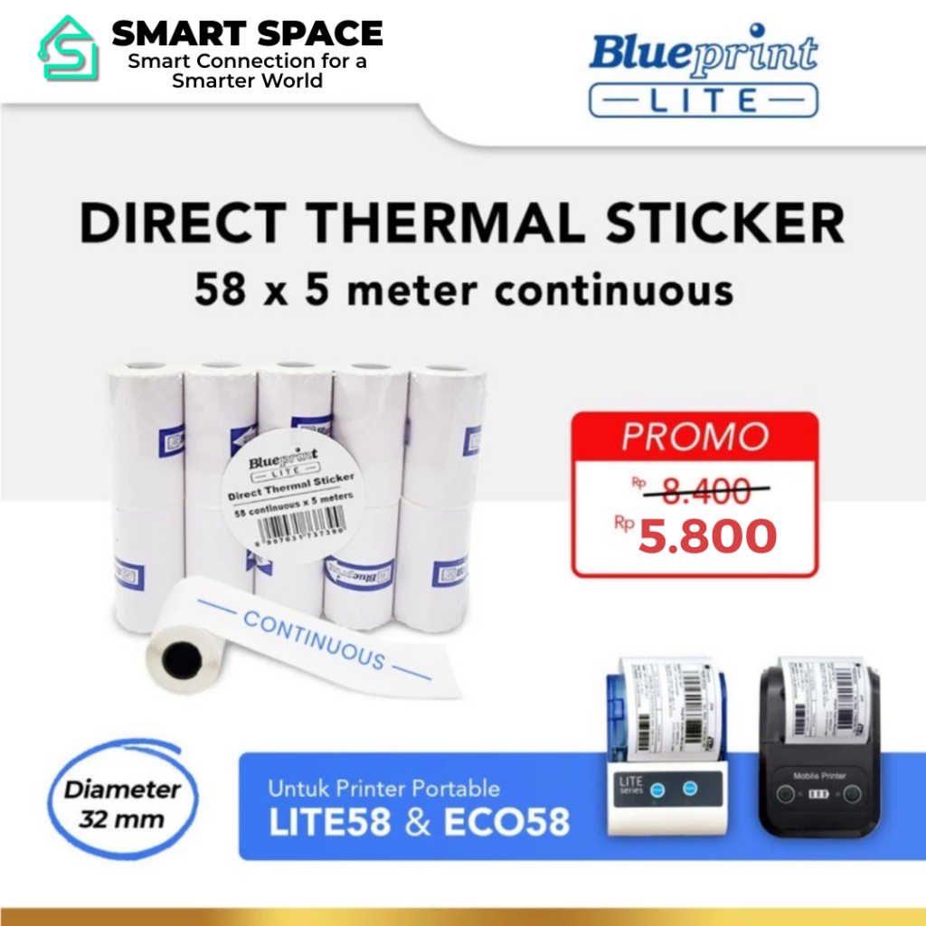 BL-DTS585C 5m - สติ๊กเกอร์ฉลาก, ใบเสร็จ BLUEPRINT LITE สติ๊กเกอร์ความร้อนโดยตรง 58 ต่อเนื่อง x 5 เมต