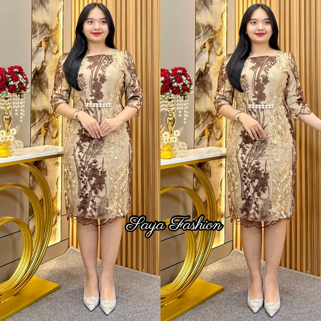 Midi Dress Span Slim Tile เย็บปักถักร้อยฟรีเข็มขัดมุก 5440 38 ชุดปาร์ตี้คริสต์มาสของผู้หญิง