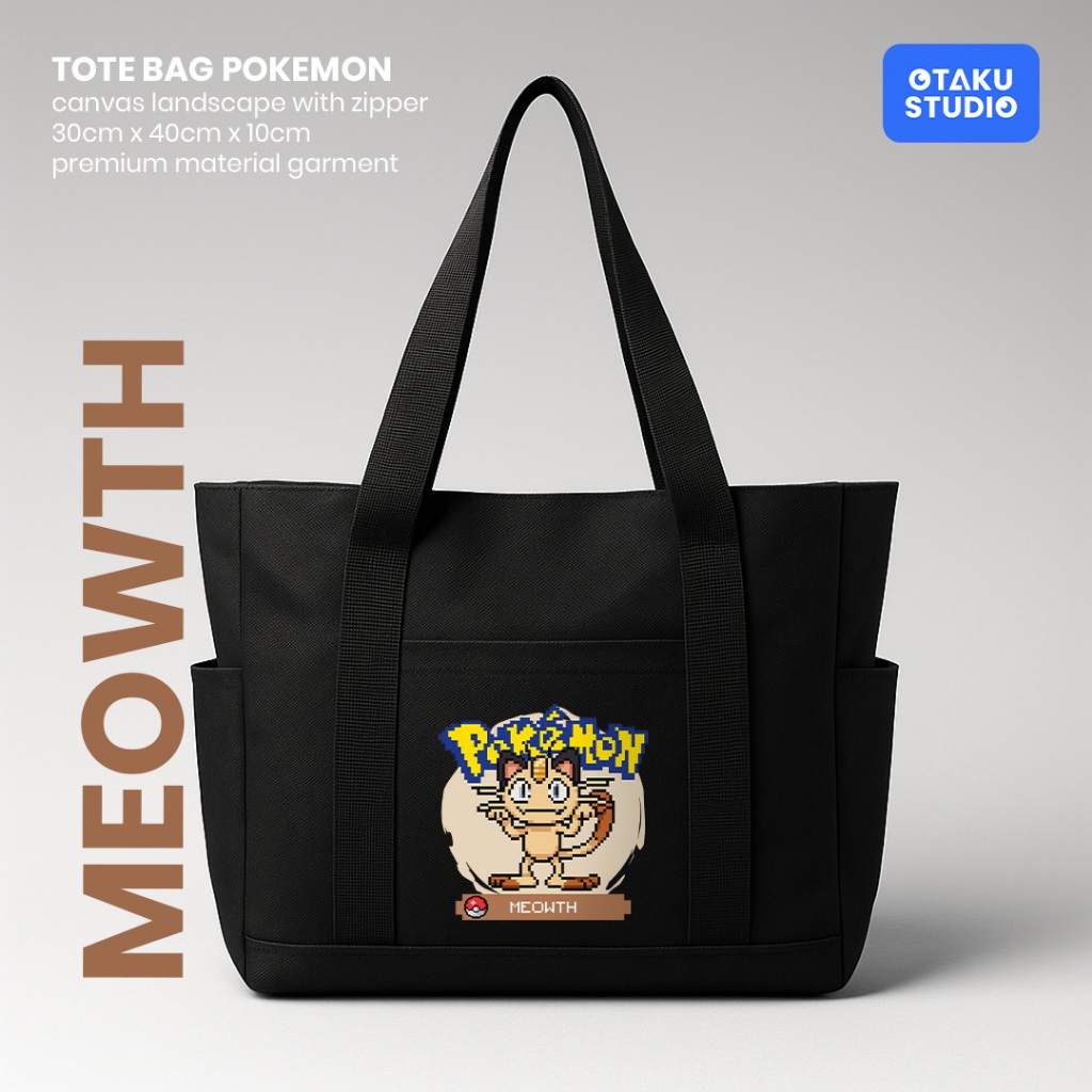 Otaku Studio - Pokemon Pixel Art Meowth Landscape Canvas Tote Bag 30 ซม. x 40 ซม. x 10 ซม.