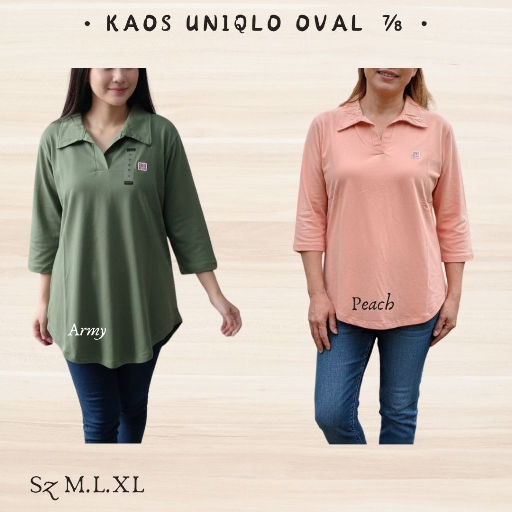 Uniq*o และ Nev*da เสื้อยืดคอปกทรงรี 7/8 แขน