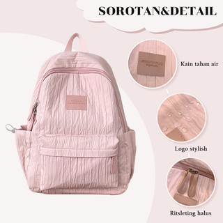 Ransel Tas Ransel Sekolah Wanita Nilon Bergaris Tas Sekolah Remaja Wanita Tas Laptop 14 Inci Mewah Kapasitas Backpacks Besar Pink