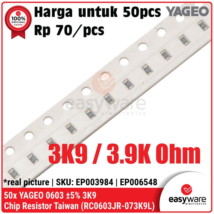 50 ชิ้น SMD 0603 YAGEO 5% 3K9 ตัวต้านทานชิป 3.9K โอห์มตัวต้านทาน SMD