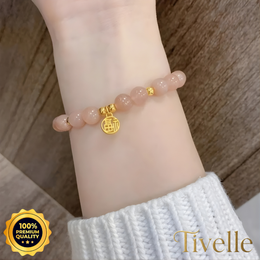 Tivelle Jewelry สร้อยข้อมือทองคําเสน่ห์พีชโรสควอตซ์ | สร้อยข้อมือนําโชคสไตล์มินิมอลหรูหราระดับพรีเมี