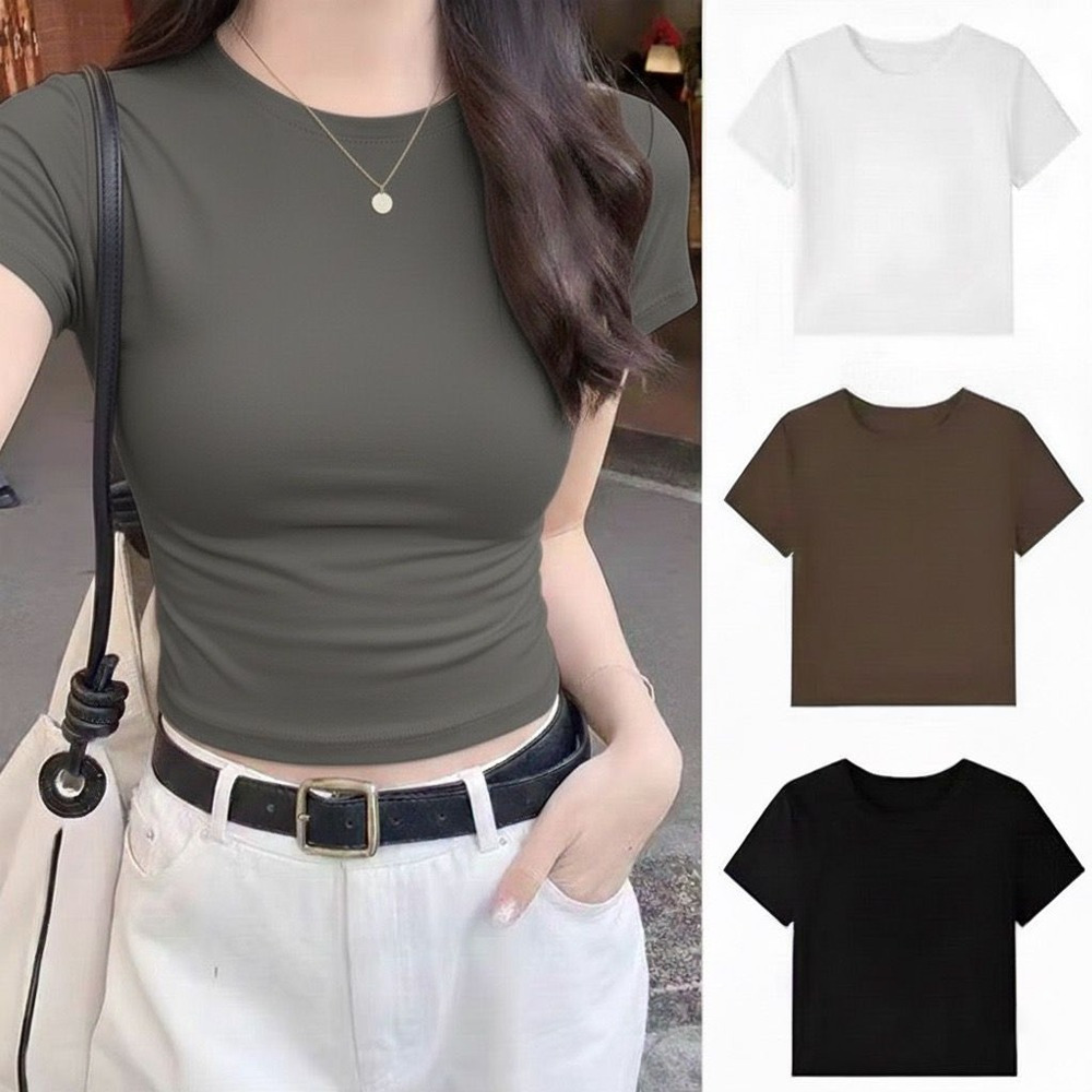 PLATINUM WORLD เสื้อครอปถักธรรมดา O คอ Fit Body - เสื้อเชิ้ตธรรมดาผู้หญิง A2