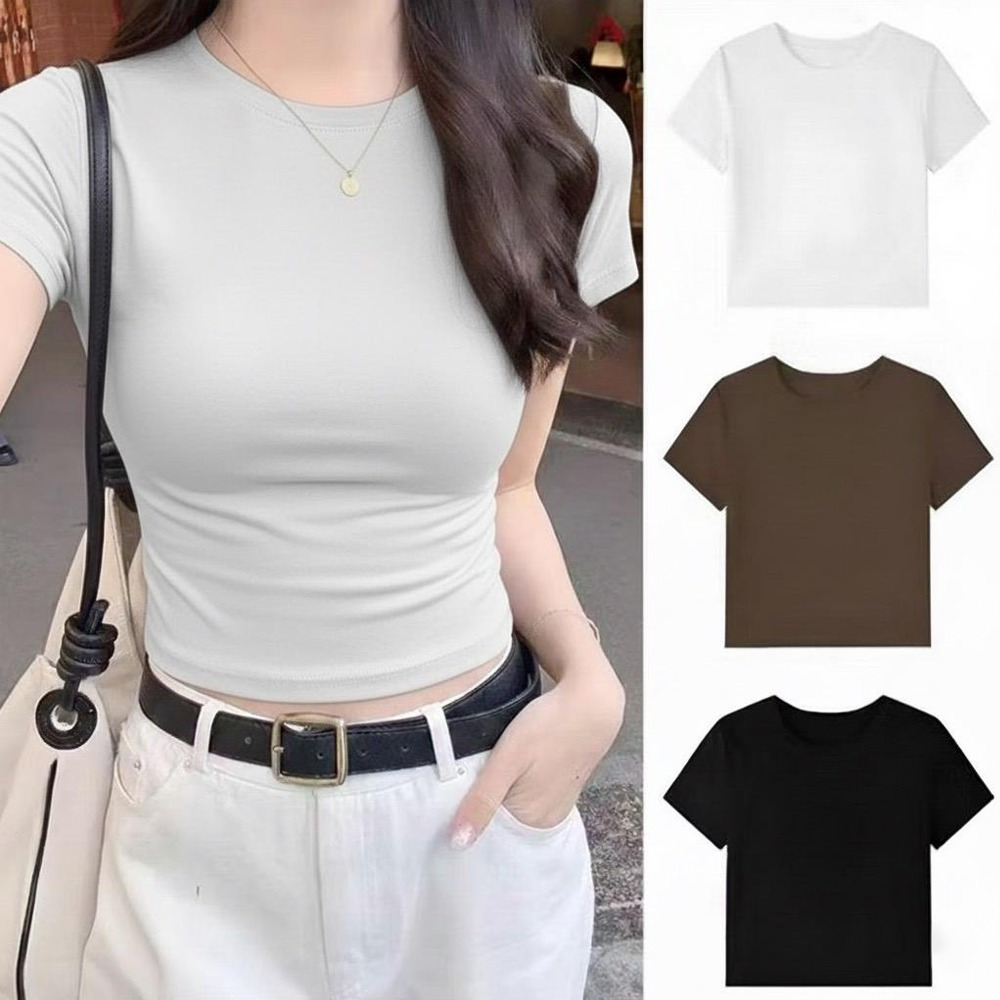 PLATINUM WORLD เสื้อครอปถักธรรมดา O คอ Fit Body - เสื้อเชิ้ตธรรมดาผู้หญิง A3