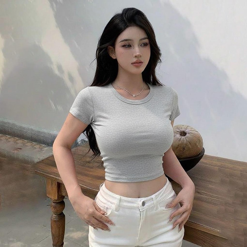 PLATINUM WORLD เสื้อครอปถักธรรมดา O คอ Fit Body - เสื้อเชิ้ตธรรมดาผู้หญิง L3