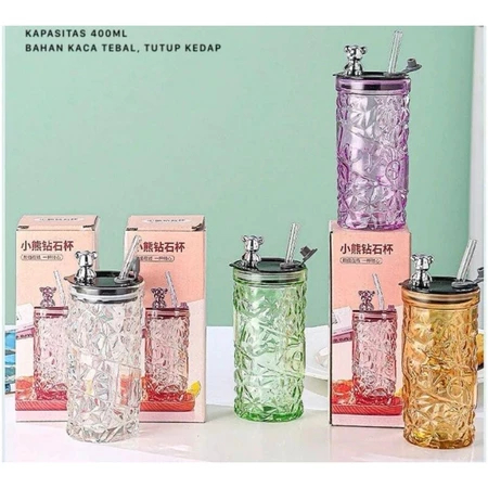 ขวดแก้วคริสตัลหมี 10 ชิ้น 420 มล. พร้อมหลอด / หลอดคริสตัล