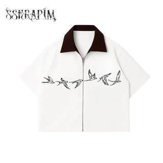 Sserapim - Bird Kemeja Boxy Workshirt Pria Lengan Pendek Cowok Vintage Zipper Casual Atasan Premium Clean Outfit