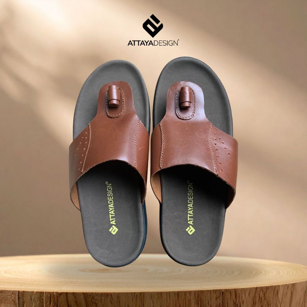ATTAYA DESIGN รองเท้าแตะผู้ชาย หนังแท้ Tan Brown สีดํา DK06