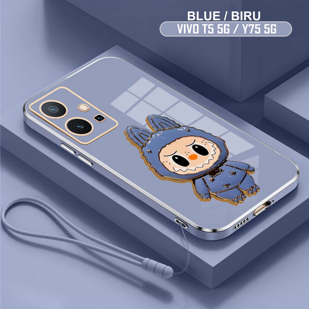 Soft Case Vivo T1 / Y75 5G Casing Labubu Glass Mirror Holder Free Mobile Phone Lanyard Strap
