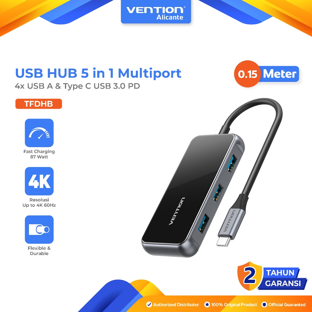 Vention USB HUB 5 in 1 Multiport 4x USB A & Type C USB 3.0 PD Mirrored Surface Type 0.15 CM - TFDHB
